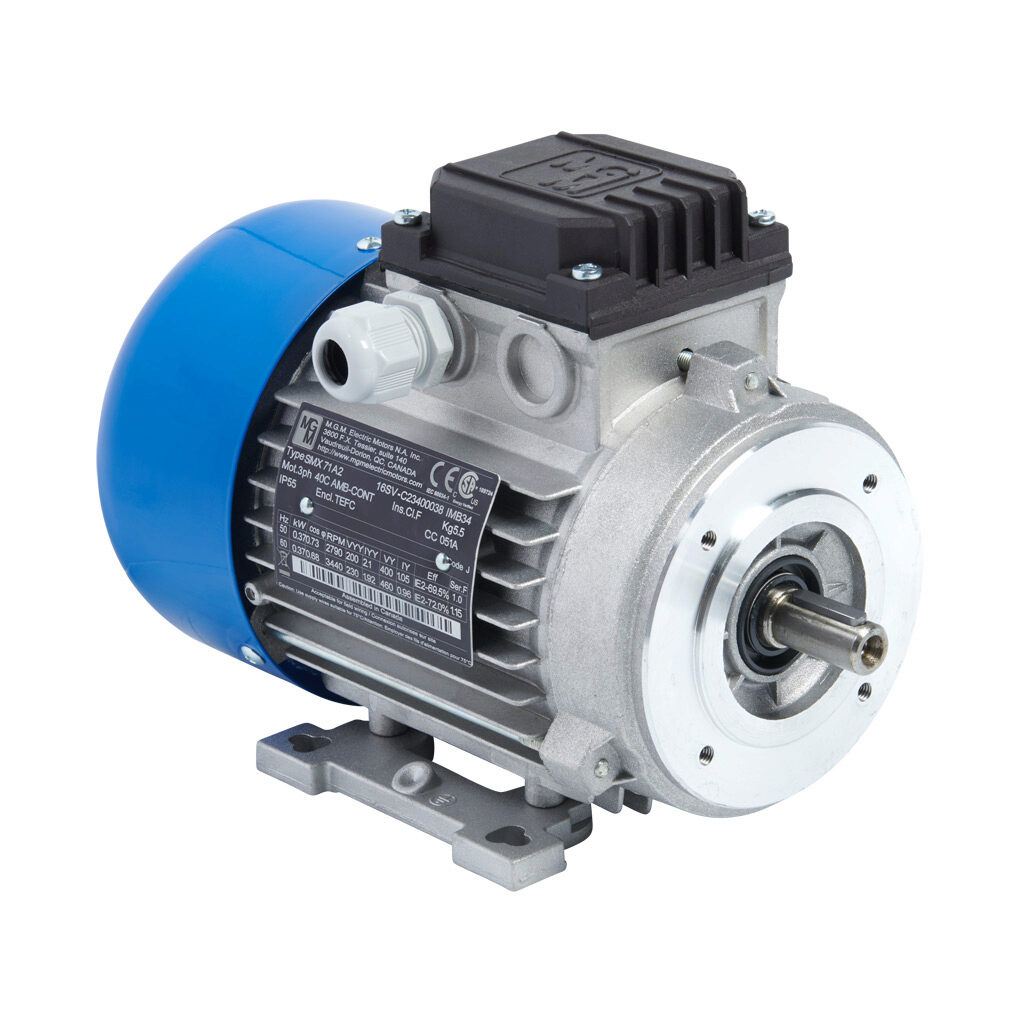 16SV - M.G.M. Electric Motors SMX IE2 high efficiency AC induction motor, general purpose and inverter rated, 1/2hp, 3-phase, 230/460 VAC, 3600rpm, TEFC, IEC 71 frame, aluminum, C-face/removable rigid base (B34) mount.