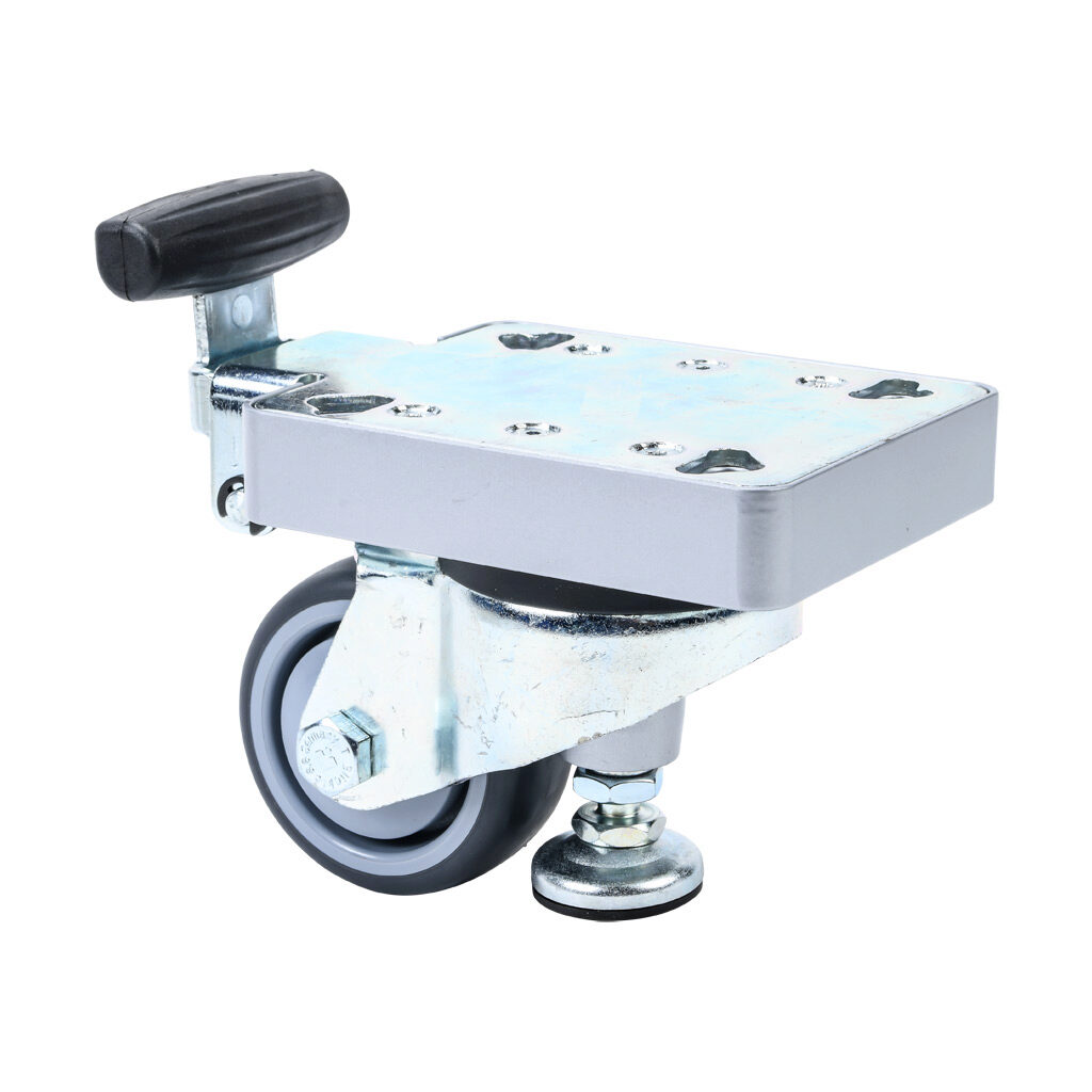 172465 - FATH swivel caster with lifting foot, silver/gray, 80mm diameter, aluminum/steel/TPE/thermoplastic polyurethane, slot size 8/10. For use with all 1.5in, 3in, 30mm, 40mm, 45mm, 60mm, 80mm and 90mm profile T-slotted rails.