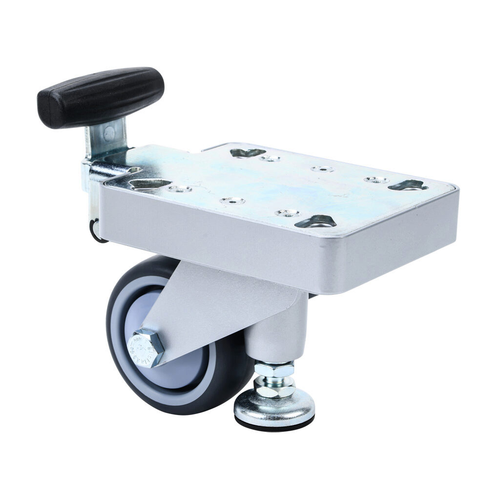 172499 - FATH fixed caster with lifting foot, silver/gray, 80mm diameter, aluminum/steel/TPE/thermoplastic polyurethane, slot size 8/10. For use with all 1.5in, 3in, 30mm, 40mm, 45mm, 60mm, 80mm and 90mm profile T-slotted rails.