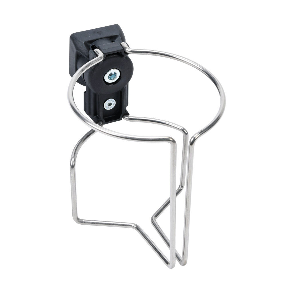 172500 - FATH bottle holder, black, glass ball reinforced nylon/stainless steel/steel, slot size 8/10. For use with all 1.5in, 3in, 40mm, 45mm, 80mm and 90mm profile T-slotted rails. Manufacturer part number: 6TM840ND100S01.