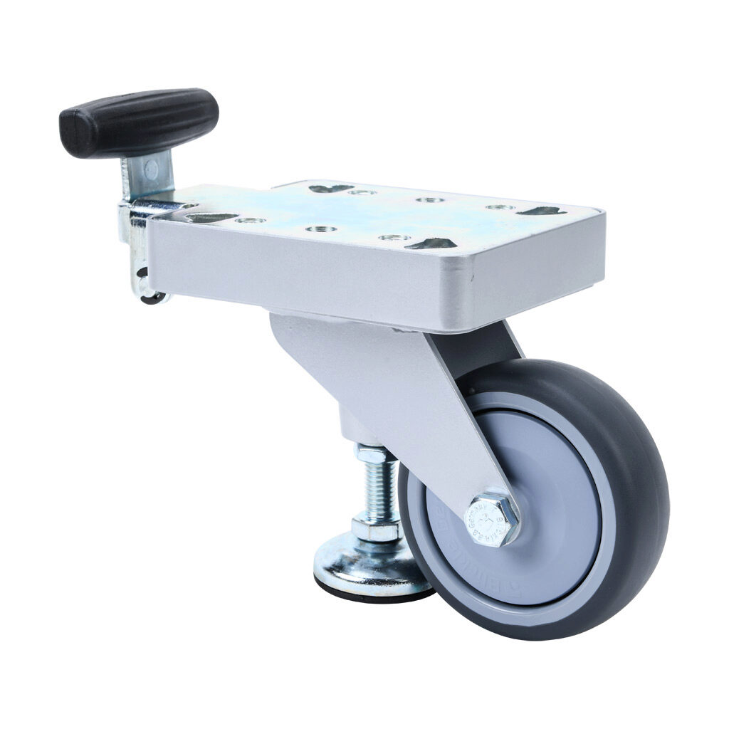 172511 - FATH fixed caster with lifting foot, silver/gray, 100mm diameter, aluminum/steel/TPE/thermoplastic polyurethane, slot size 8/10. For use with all 1.5in, 3in, 30mm, 40mm, 45mm, 60mm, 80mm and 90mm profile T-slotted rails.