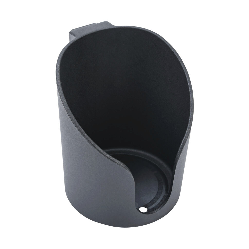172552 - FATH closed bottom cup holder, black, glass fiber reinforced nylon, slot size 8/10. For use with all 1.5in, 3in, 40mm, 45mm, 80mm and 90mm profile T-slotted rails. Manufacturer part number: 09308902.