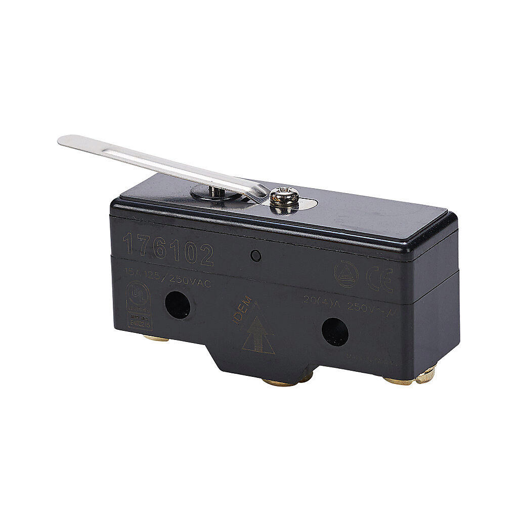 176102-1 - IDEM micro limit switch, lever, (1) N.O./(1) N.C. contact(s), snap action, 25.4mm hole spacing, polybutylene terephthalate, screw terminals.