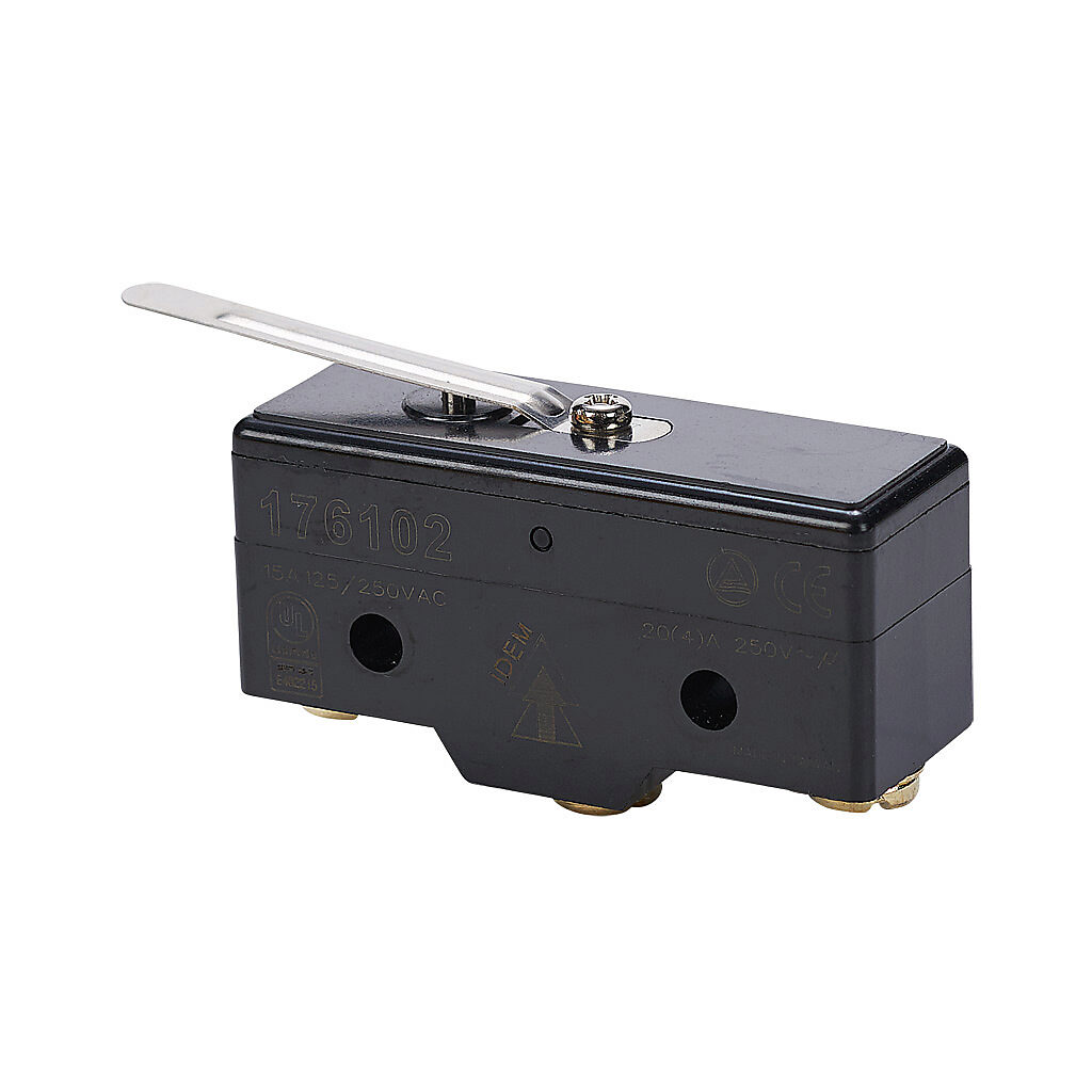 176102-5 - IDEM micro limit switch, lever, (1) N.O./(1) N.C. contact(s), snap action, 25.4mm hole spacing, polybutylene terephthalate, screw terminals. Package of 5.