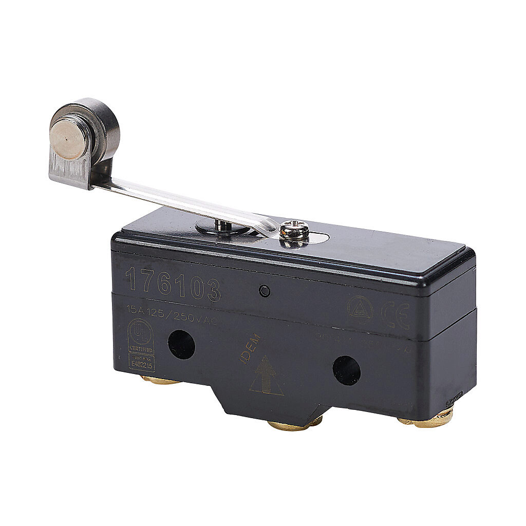 176103-1 - IDEM micro limit switch, lever with steel roller, (1) N.O./(1) N.C. contact(s), snap action, 25.4mm hole spacing, polybutylene terephthalate, screw terminals.
