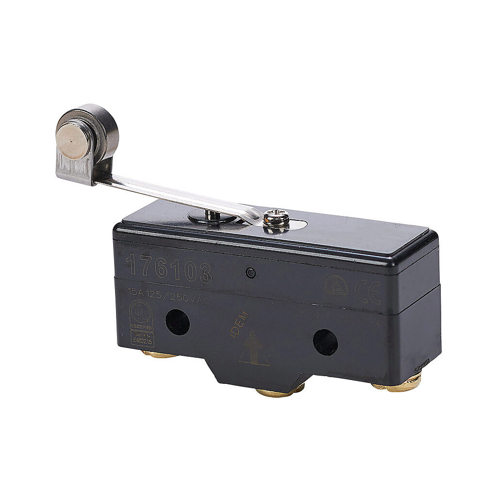 176103-5 - IDEM micro limit switch, lever with steel roller, (1) N.O./(1) N.C. contact(s), snap action, 25.4mm hole spacing, polybutylene terephthalate, screw terminals. Package of 5.