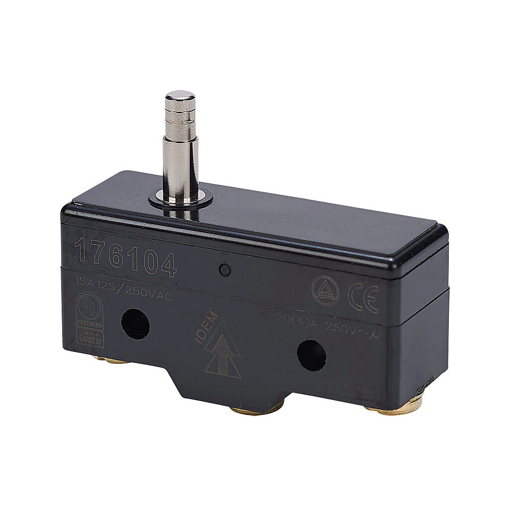 176104-1 - IDEM micro limit switch, metal pin plunger long, (1) N.O./(1) N.C. contact(s), snap action, 25.4mm hole spacing, polybutylene terephthalate, screw terminals.
