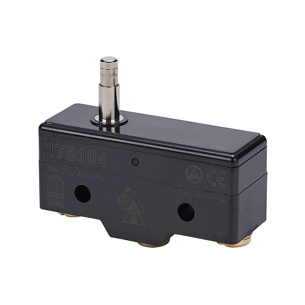 176104-5 - IDEM micro limit switch, metal pin plunger long, (1) N.O./(1) N.C. contact(s), snap action, 25.4mm hole spacing, polybutylene terephthalate, screw terminals. Package of 5.