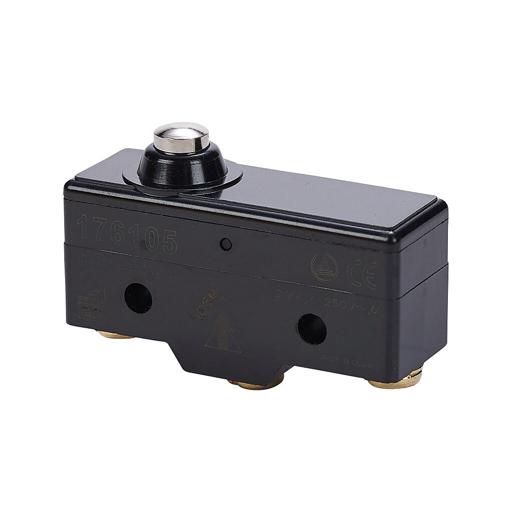 176105-1 - IDEM micro limit switch, metal plunger, (1) N.O./(1) N.C. contact(s), snap action, 25.4mm hole spacing, polybutylene terephthalate, screw terminals.