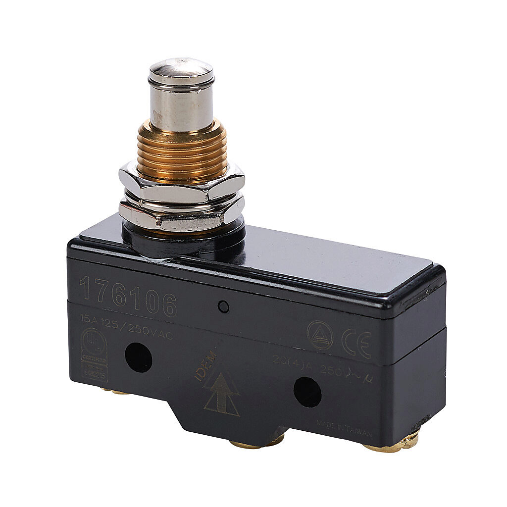 176106-1 - IDEM micro limit switch, metal plunger with fixing nuts, (1) N.O./(1) N.C. contact(s), snap action, 25.4mm hole spacing, polybutylene terephthalate, screw terminals.