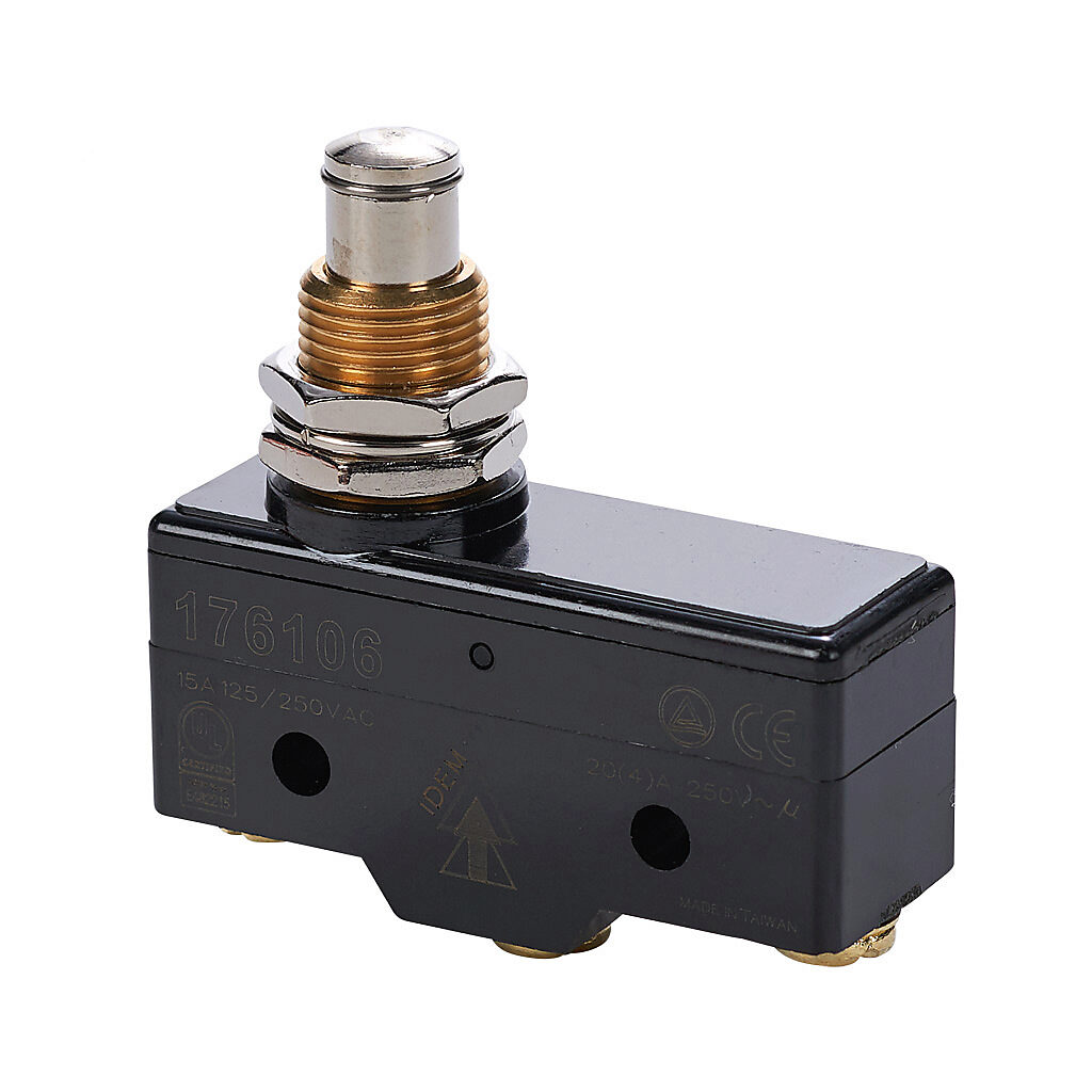 176106-5 - IDEM micro limit switch, metal plunger with fixing nuts, (1) N.O./(1) N.C. contact(s), snap action, 25.4mm hole spacing, polybutylene terephthalate, screw terminals. Package of 5.