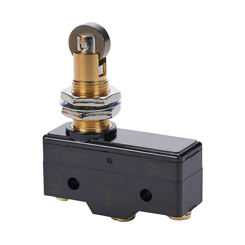 176107-1 - IDEM micro limit switch, metal plunger with metal roller and fixing nuts, (1) N.O./(1) N.C. contact(s), snap action, 25.4mm hole spacing, polybutylene terephthalate, screw terminals.