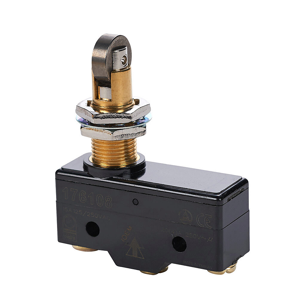 176108-1 - IDEM micro limit switch, metal plunger with metal cross roller and fixing nuts, (1) N.O./(1) N.C. contact(s), snap action, 25.4mm hole spacing, polybutylene terephthalate, screw terminals.