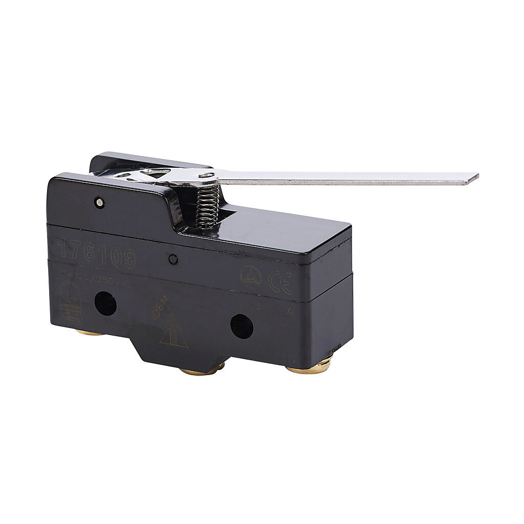 176109-1 - IDEM micro limit switch, lever hinge long, (1) N.O./(1) N.C. contact(s), snap action, 25.4mm hole spacing, polybutylene terephthalate, screw terminals.