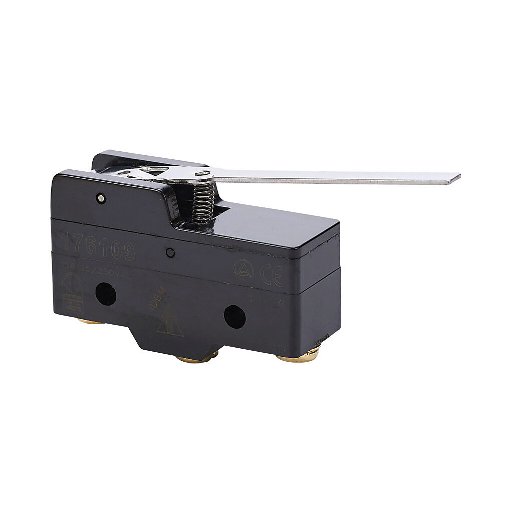 176109-5 - IDEM micro limit switch, lever hinge long, (1) N.O./(1) N.C. contact(s), snap action, 25.4mm hole spacing, polybutylene terephthalate, screw terminals. Package of 5.