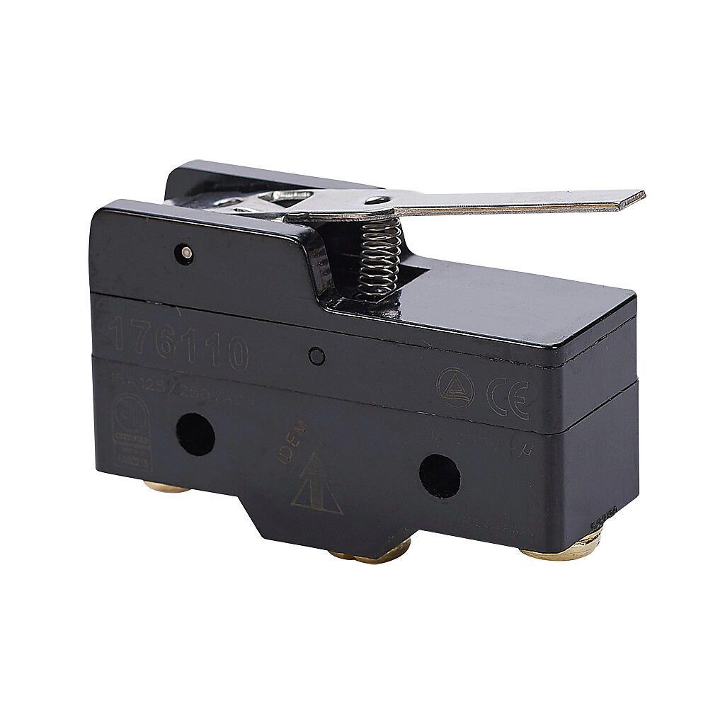 176110-1 - IDEM micro limit switch, lever hinge, (1) N.O./(1) N.C. contact(s), snap action, 25.4mm hole spacing, polybutylene terephthalate, screw terminals.