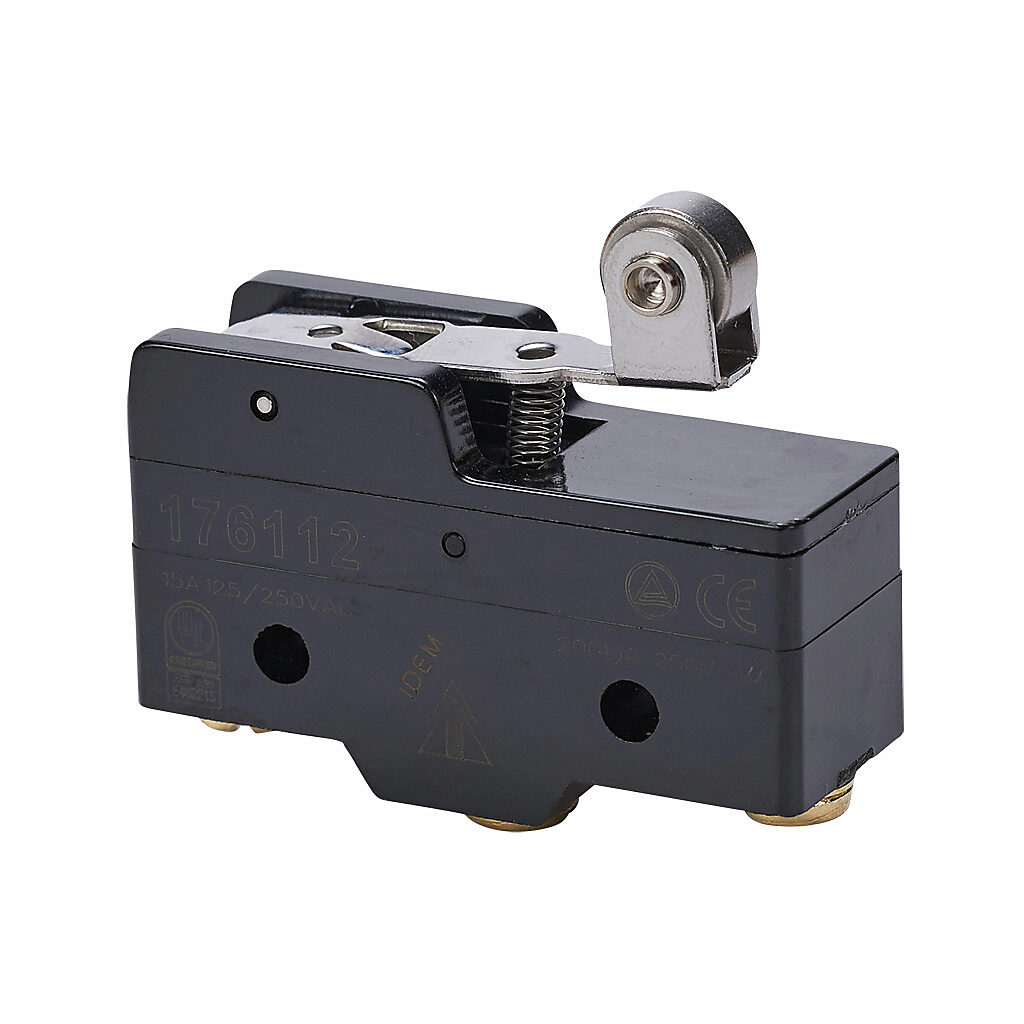 176112-5 - IDEM micro limit switch, lever hinge with steel roller, (1) N.O./(1) N.C. contact(s), snap action, 25.4mm hole spacing, polybutylene terephthalate, screw terminals. Package of 5.