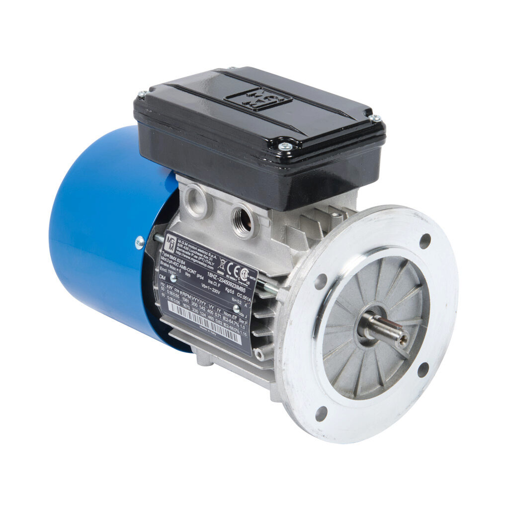 18HZ - M.G.M. Electric Motors BMX IE2 high efficiency AC induction motor, general purpose, inverter rated and brake, 1/4hp, 3-phase, 230/460 VAC, 1800rpm, TEFC, IEC 63 frame, aluminum, D-flange (B5) mount. Integrated brake assembly included.