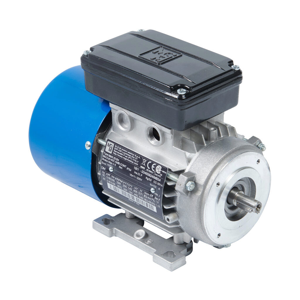 18I1 - M.G.M. Electric Motors BMX IE2 high efficiency AC induction motor, general purpose, inverter rated and brake, 1/4hp, 3-phase, 230/460 VAC, 1800rpm, TEFC, IEC 63 frame, aluminum, C-face/removable rigid base (B34) mount. Integrated brake asse...