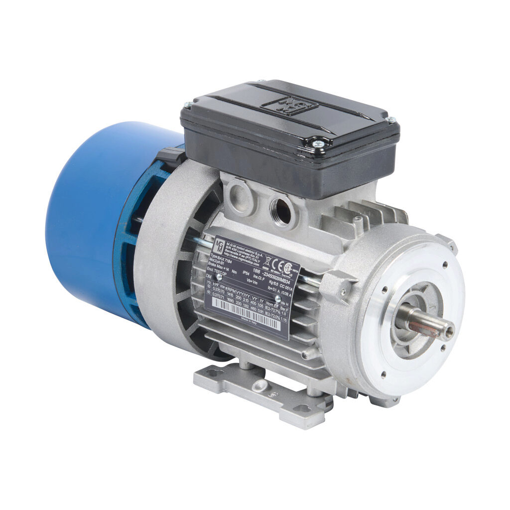 18I6 - M.G.M. Electric Motors BAX IE2 high efficiency AC induction motor, general purpose, inverter rated and brake, 1/2hp, 3-phase, 230/460 VAC, 1800rpm, TEFC, IEC 71 frame, aluminum, C-face/removable rigid base (B34) mount. Integrated brake asse...