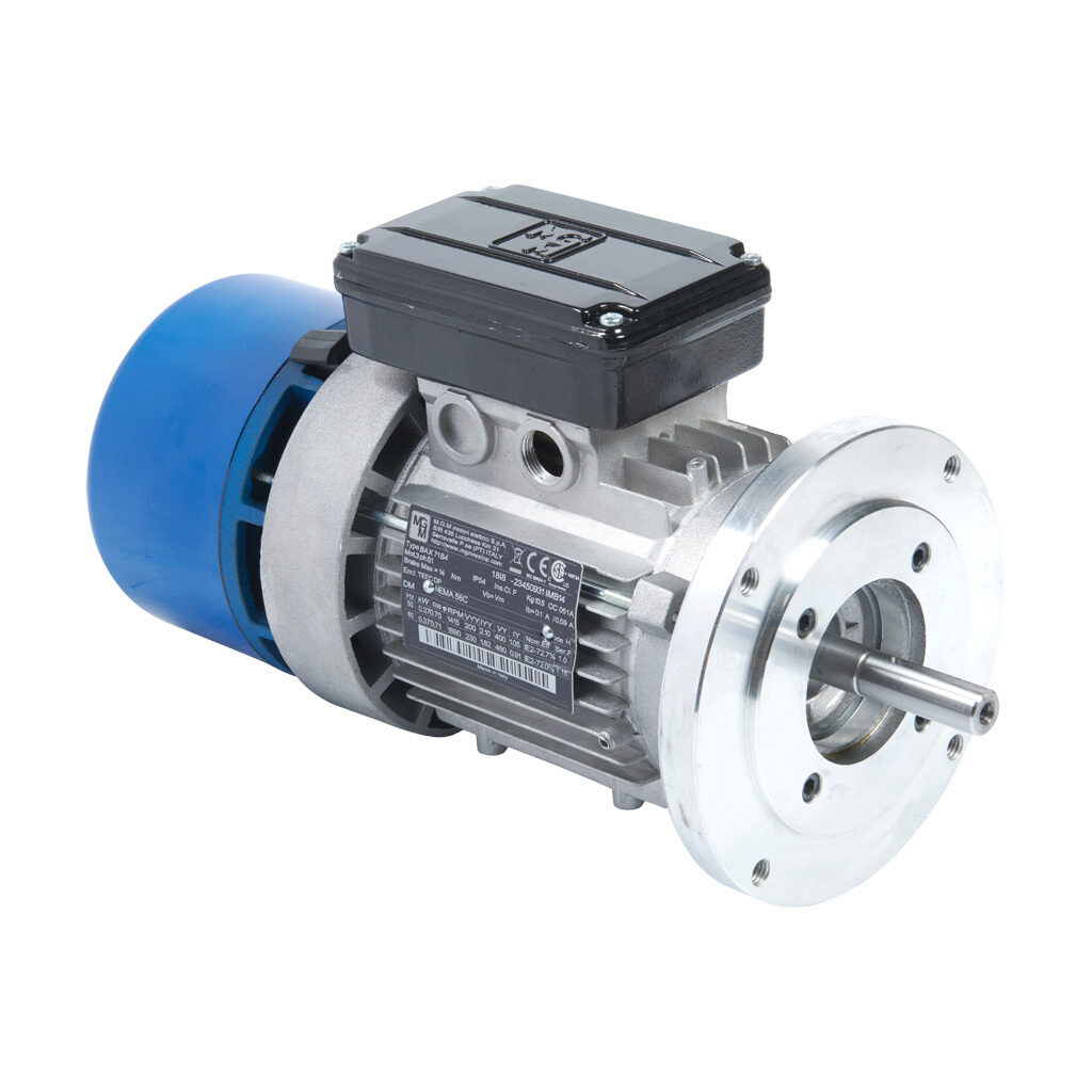 18I8 - M.G.M. Electric Motors BAX IE2 high efficiency AC induction motor, general purpose, inverter rated and brake, 1/2hp, 3-phase, 230/460 VAC, 1800rpm, TEFC, IEC 71 (NEMA 56C flange) frame, aluminum, C-face mount. Integrated brake assembly incl...