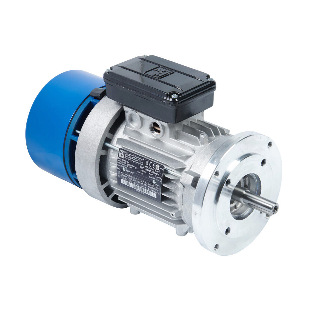 18IC - M.G.M. Electric Motors BAX IE3 premium efficiency AC induction motor, general purpose, inverter rated and brake, 1hp, 3-phase, 230/460 VAC, 1800rpm, TEFC, IEC 80 (NEMA 56C flange) frame, aluminum, C-face mount. Integrated brake assembly inc...