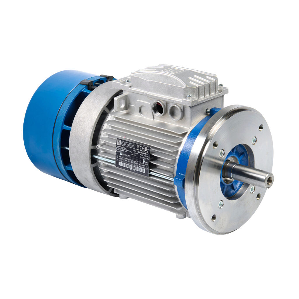 18J4 - M.G.M. Electric Motors BAX IE3 premium efficiency AC induction motor, general purpose, inverter rated and brake, 5hp, 3-phase, 230/460 VAC, 1800rpm, TEFC, IEC 112 (NEMA 182TC flange) frame, aluminum, C-face mount. Integrated brake assembly ...
