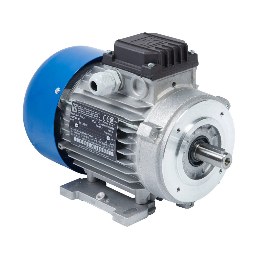 18J7 - M.G.M. Electric Motors SMX IE3 premium efficiency AC induction motor, general purpose and inverter rated, 1hp, 3-phase, 230/460 VAC, 3600rpm, TEFC, IEC 80 frame, aluminum, C-face/removable rigid base (B34) mount.