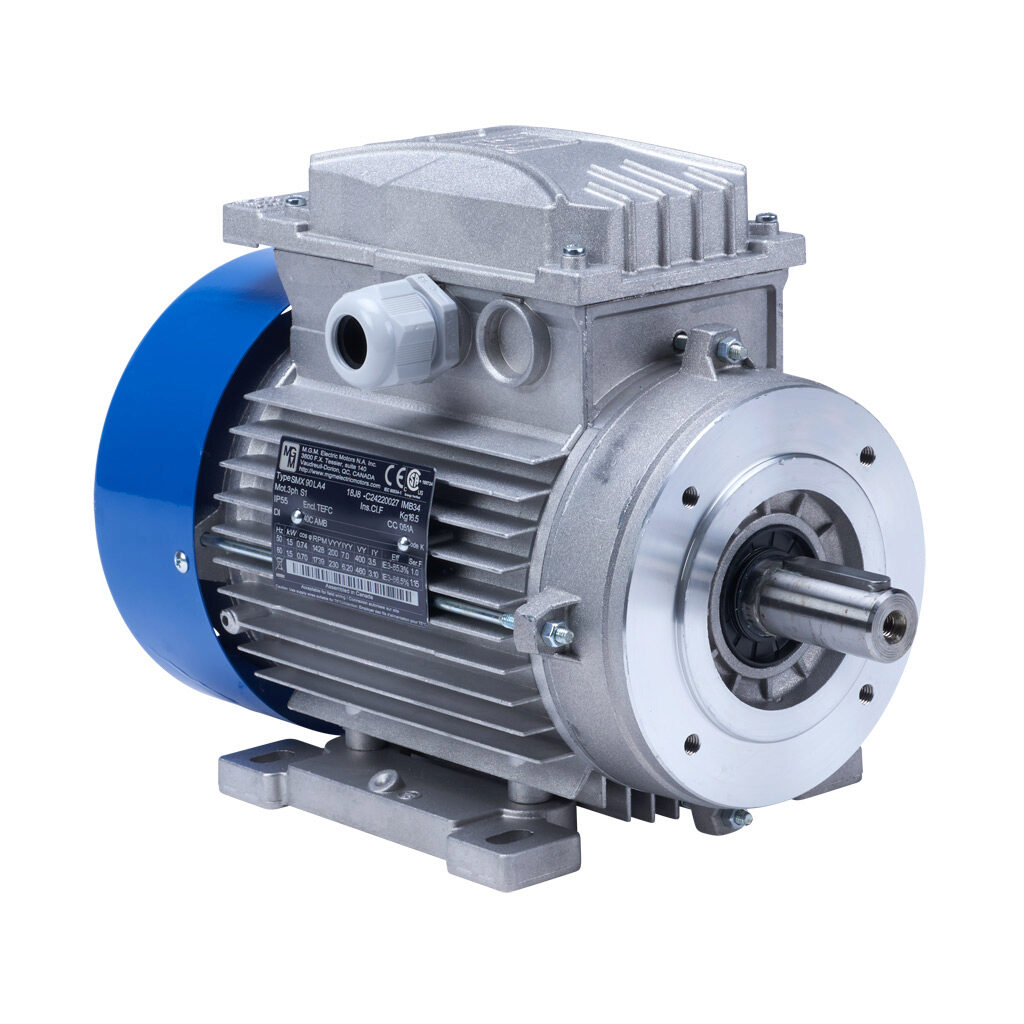 18J8 - M.G.M. Electric Motors SMX IE3 premium efficiency AC induction motor, general purpose and inverter rated, 2hp, 3-phase, 230/460 VAC, 1800rpm, TEFC, IEC 90 frame, aluminum, C-face/removable rigid base (B34) mount.