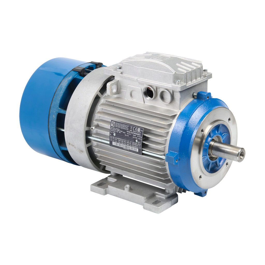 18OM - M.G.M. Electric Motors BAX IE3 premium efficiency AC induction motor, general purpose, inverter rated and brake, 5hp, 3-phase, 230/460 VAC, 1800rpm, TEFC, IEC 112 frame, aluminum, C-face/removable rigid base (B34) mount. Integrated brake as...