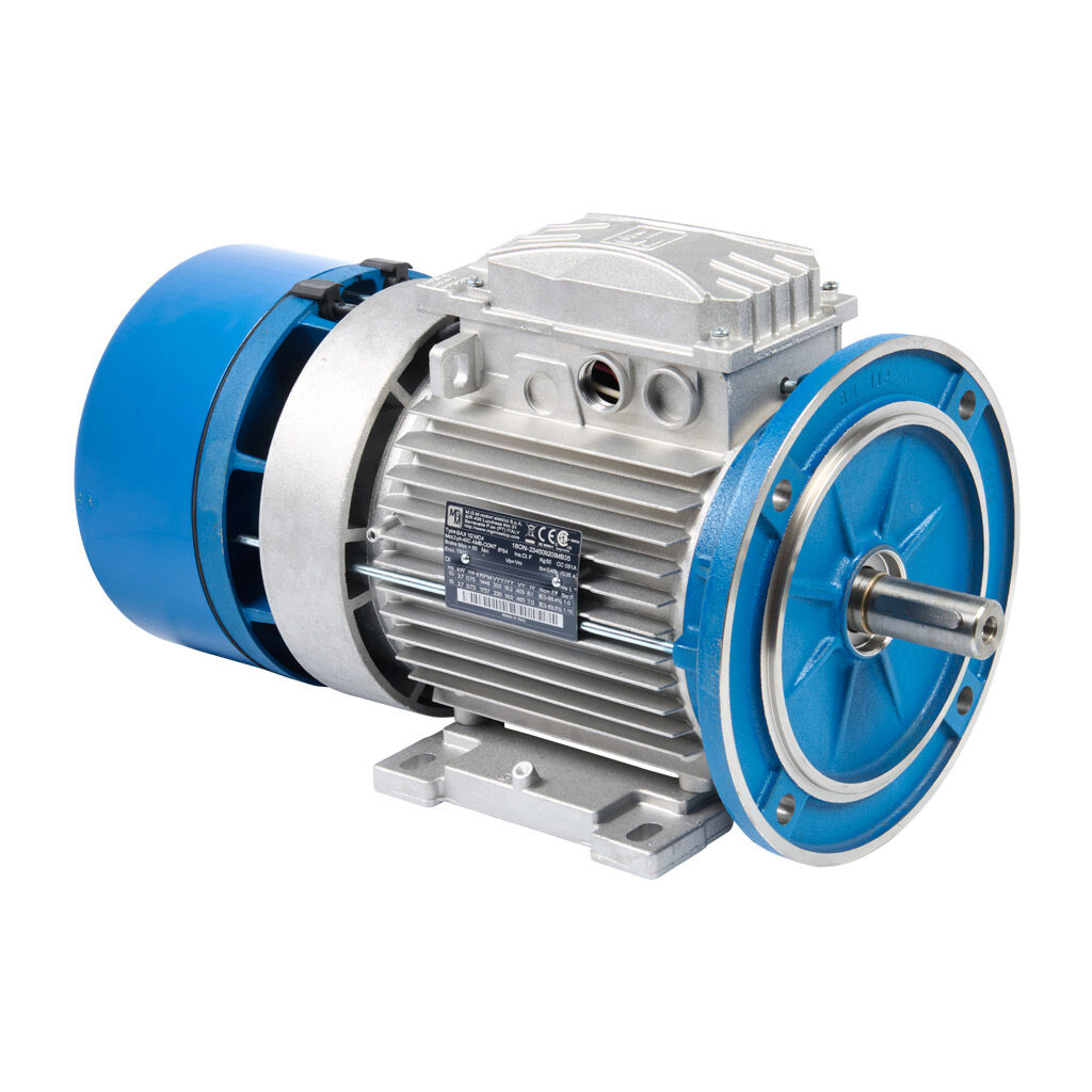 18ON - M.G.M. Electric Motors BAX IE3 premium efficiency AC induction motor, general purpose, inverter rated and brake, 5hp, 3-phase, 230/460 VAC, 1800rpm, TEFC, IEC 112 frame, aluminum, D-flange/removable rigid base (B35) mount. Integrated brake ...