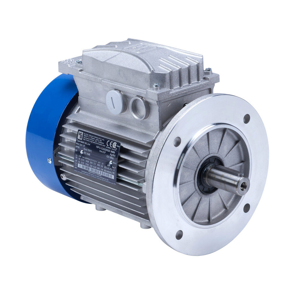 18PU - M.G.M. Electric Motors SMX IE3 premium efficiency AC induction motor, general purpose and inverter rated, 2hp, 3-phase, 230/460 VAC, 1800rpm, TEFC, IEC 90 frame, aluminum, D-flange (B5) mount.