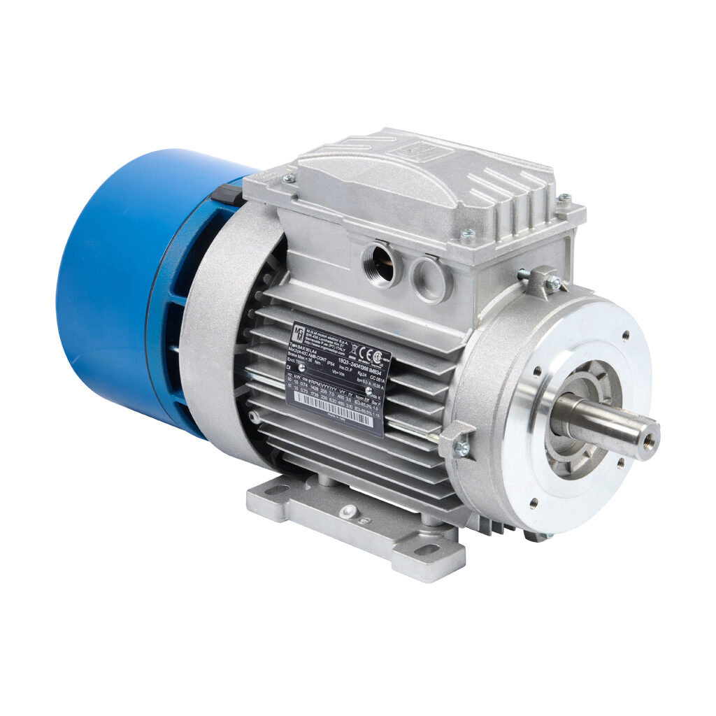 18Q3 - M.G.M. Electric Motors BAX IE3 premium efficiency AC induction motor, general purpose, inverter rated and brake, 2hp, 3-phase, 230/460 VAC, 1800rpm, TEFC, IEC 90 frame, aluminum, C-face/removable rigid base (B34) mount. Integrated brake ass...