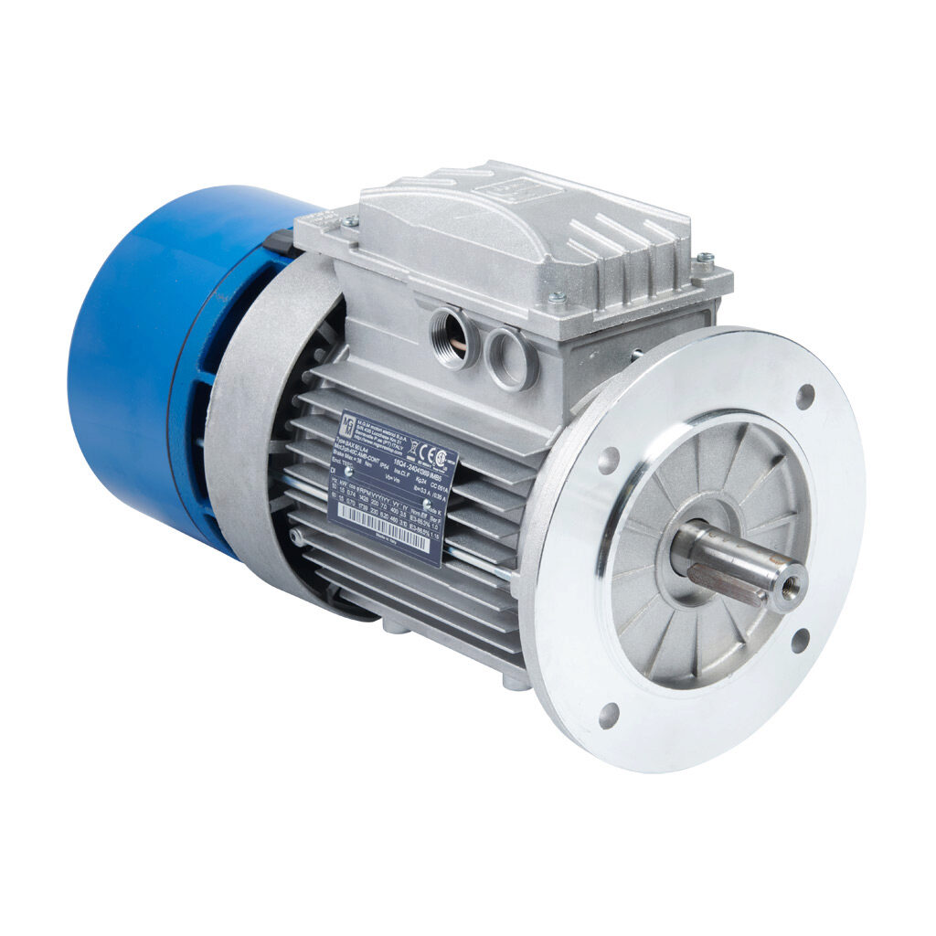 18Q4 - M.G.M. Electric Motors BAX IE3 premium efficiency AC induction motor, general purpose, inverter rated and brake, 2hp, 3-phase, 230/460 VAC, 1800rpm, TEFC, IEC 90 frame, aluminum, D-flange (B5) mount. Integrated brake assembly included.