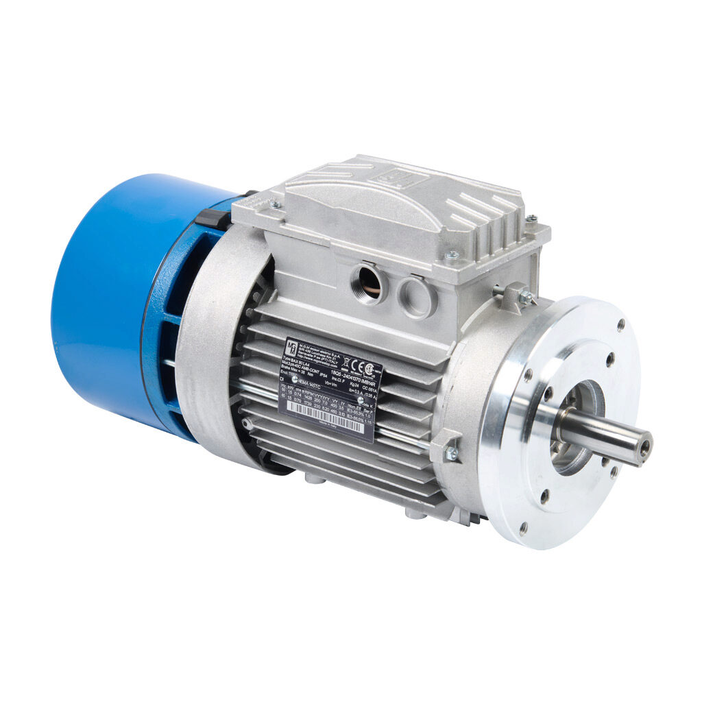 18Q5 - M.G.M. Electric Motors BAX IE3 premium efficiency AC induction motor, general purpose, inverter rated and brake, 2hp, 3-phase, 230/460 VAC, 1800rpm, TEFC, IEC 90 (NEMA 145TC flange) frame, aluminum, C-face mount. Integrated brake assembly i...