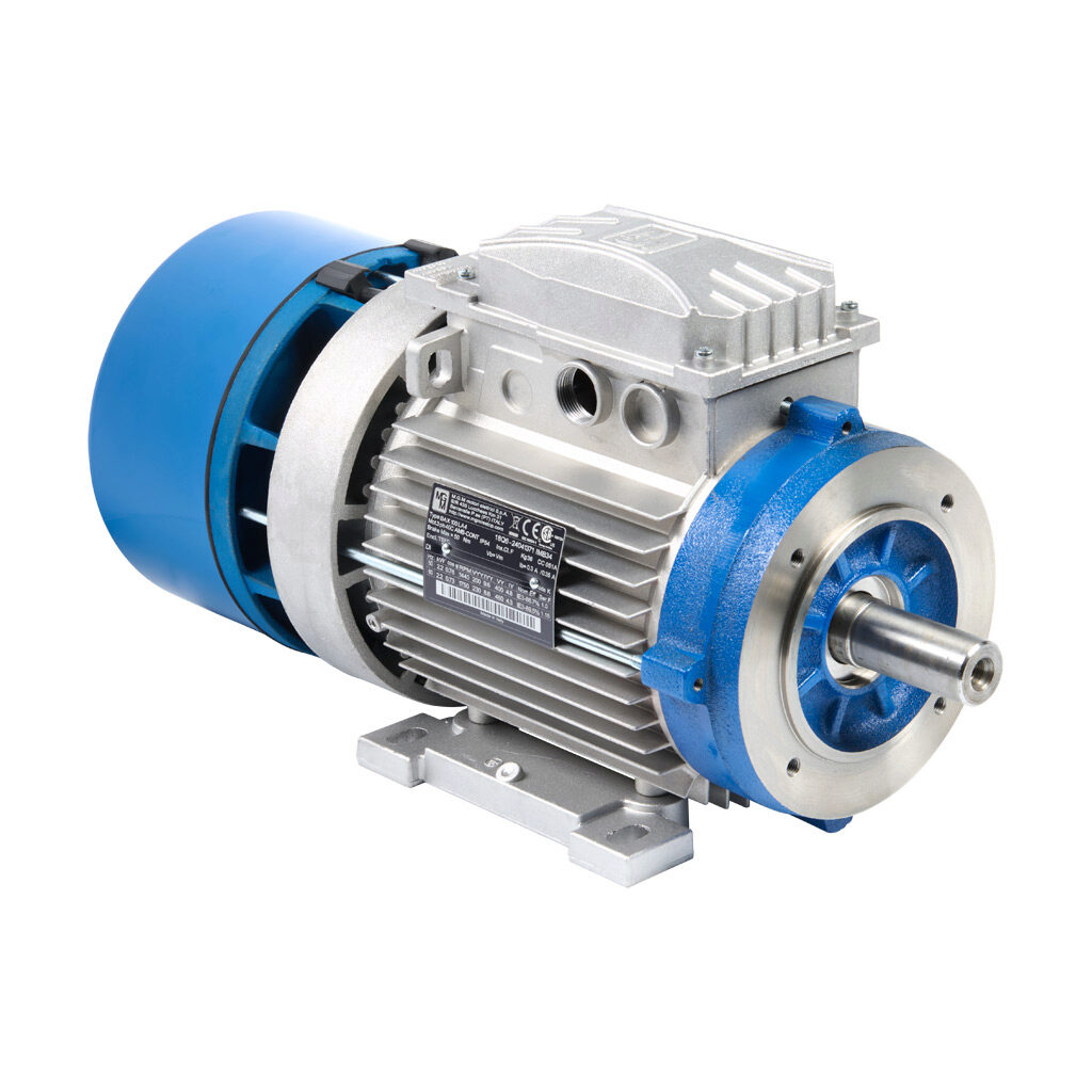 18Q6 - M.G.M. Electric Motors BAX IE3 premium efficiency AC induction motor, general purpose, inverter rated and brake, 3hp, 3-phase, 230/460 VAC, 1800rpm, TEFC, IEC 100 frame, aluminum, C-face/removable rigid base (B34) mount. Integrated brake as...