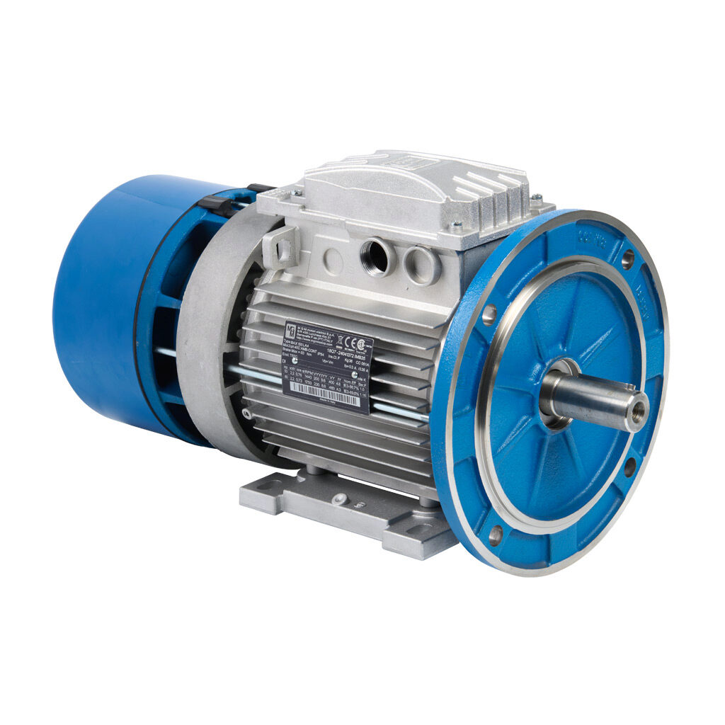 18Q7 - M.G.M. Electric Motors BAX IE3 premium efficiency AC induction motor, general purpose, inverter rated and brake, 3hp, 3-phase, 230/460 VAC, 1800rpm, TEFC, IEC 100 frame, aluminum, D-flange/removable rigid base (B35) mount. Integrated brake ...