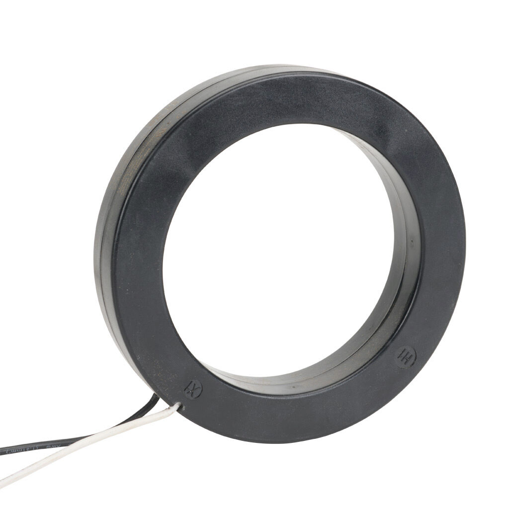 19RL-401 - Sifam Tinsley AC current transformer, solid core, 400A primary, 5A secondary, 4.25in diameter sensing window, +/- 1% accuracy, (2) 24in 16 AWG lead wires.