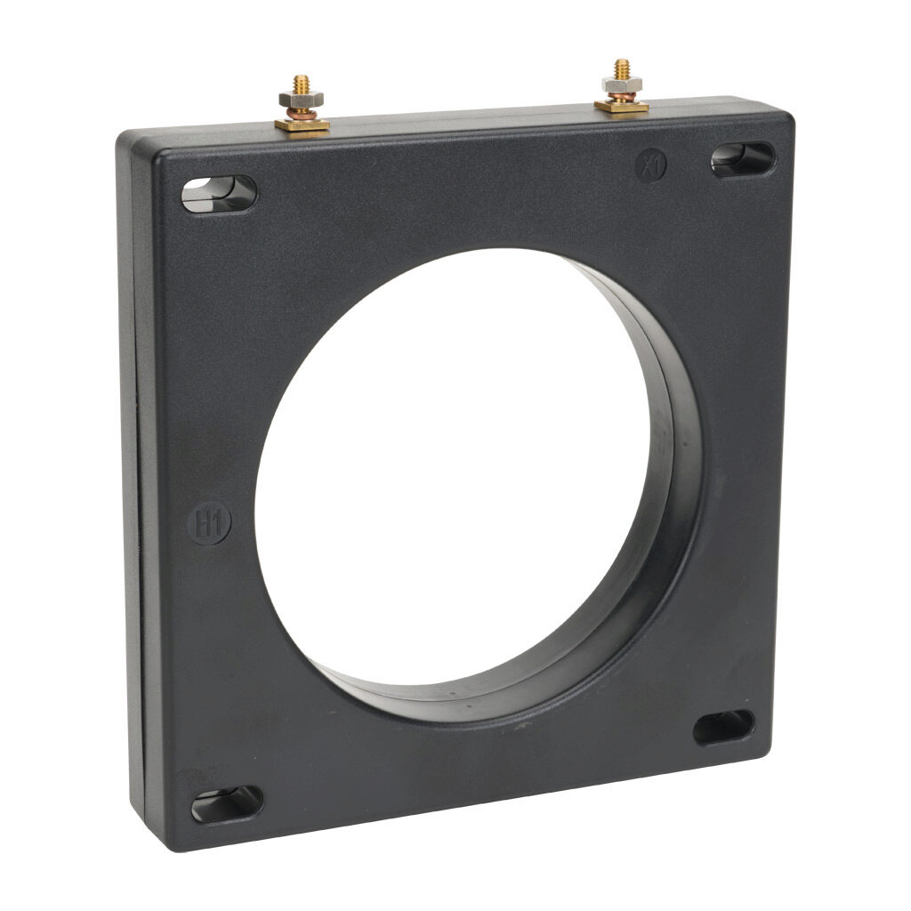 19SHT-102 - Sifam Tinsley AC current transformer, solid core, 1000A primary, 5A secondary, 4.25in diameter sensing window, +/- 1% accuracy, 8-32 terminal stud with nut.