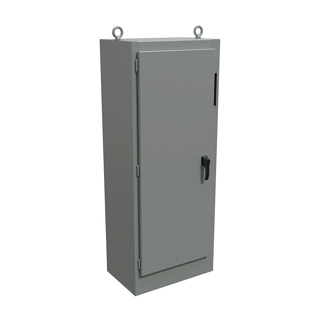1UHD722918FTC - Hammond disconnect enclosure, NEMA 12, right flange, 72 x 29 x 18in (HxWxD), freestanding, carbon steel, ANSI 61 gray, powder coat finish, single-door, 3-point padlocking handle.