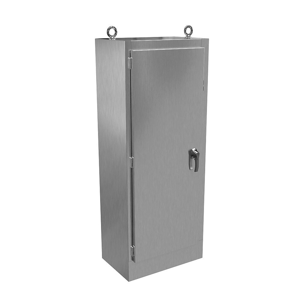1UHD722918N4SS - Hammond disconnect enclosure, NEMA 3R/4/4X/12/13, right flange, 72 x 29 x 18in (HxWxD), freestanding, 304 stainless steel, #4 brush finish, single-door, 3-point padlocking handle.