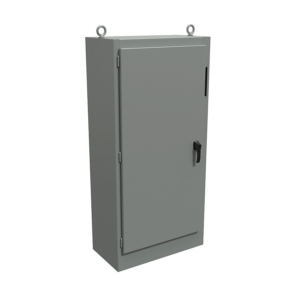 1UHD723518FTC - Hammond disconnect enclosure, NEMA 12, right flange, 72 x 35 x 18in (HxWxD), freestanding, carbon steel, ANSI 61 gray, powder coat finish, single-door, 3-point padlocking handle.