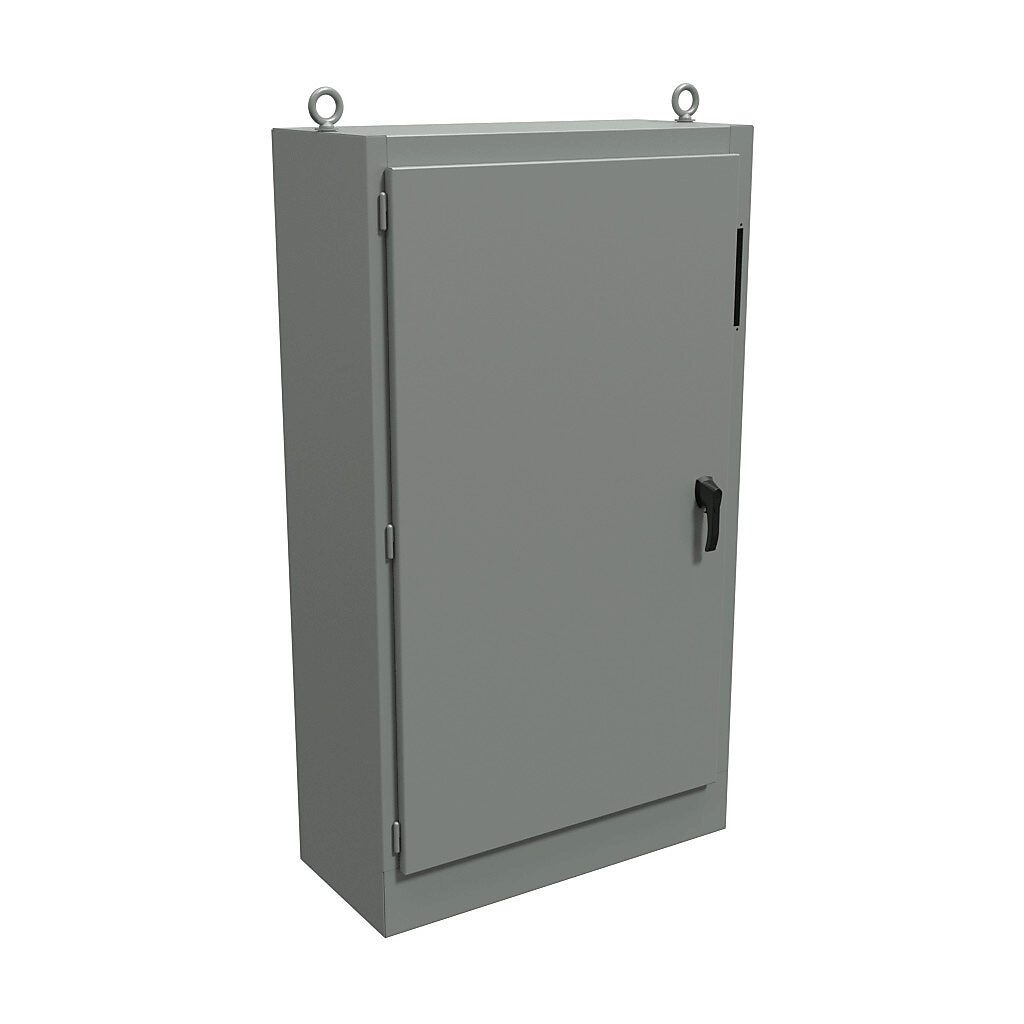 1UHD724118FTC - Hammond disconnect enclosure, NEMA 12, right flange, 72 x 41 x 18in (HxWxD), freestanding, carbon steel, ANSI 61 gray, powder coat finish, single-door, 3-point padlocking handle.