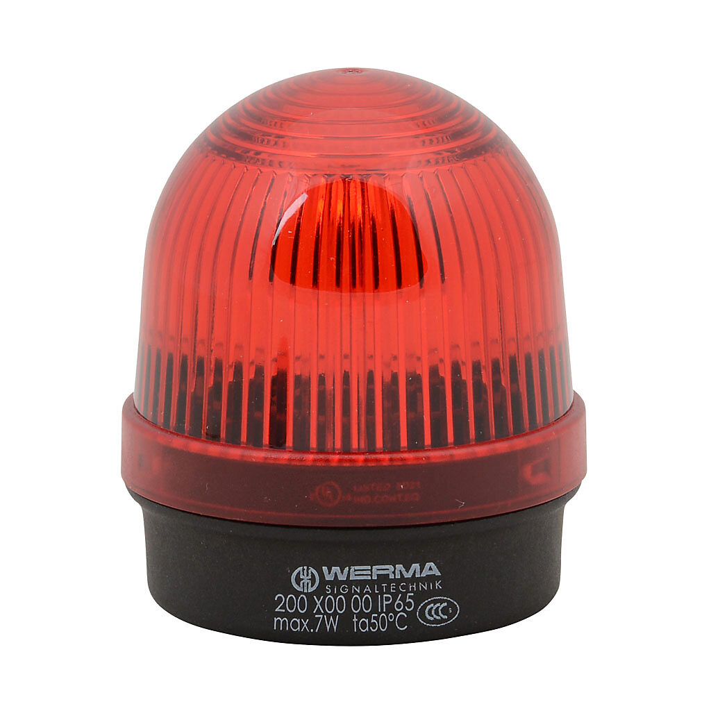 20010000 - WERMA incandescent industrial signal beacon, 57mm, red, permanent, IP65, base mount, 12-240 VAC/VDC. Requires incandescent bulb.
