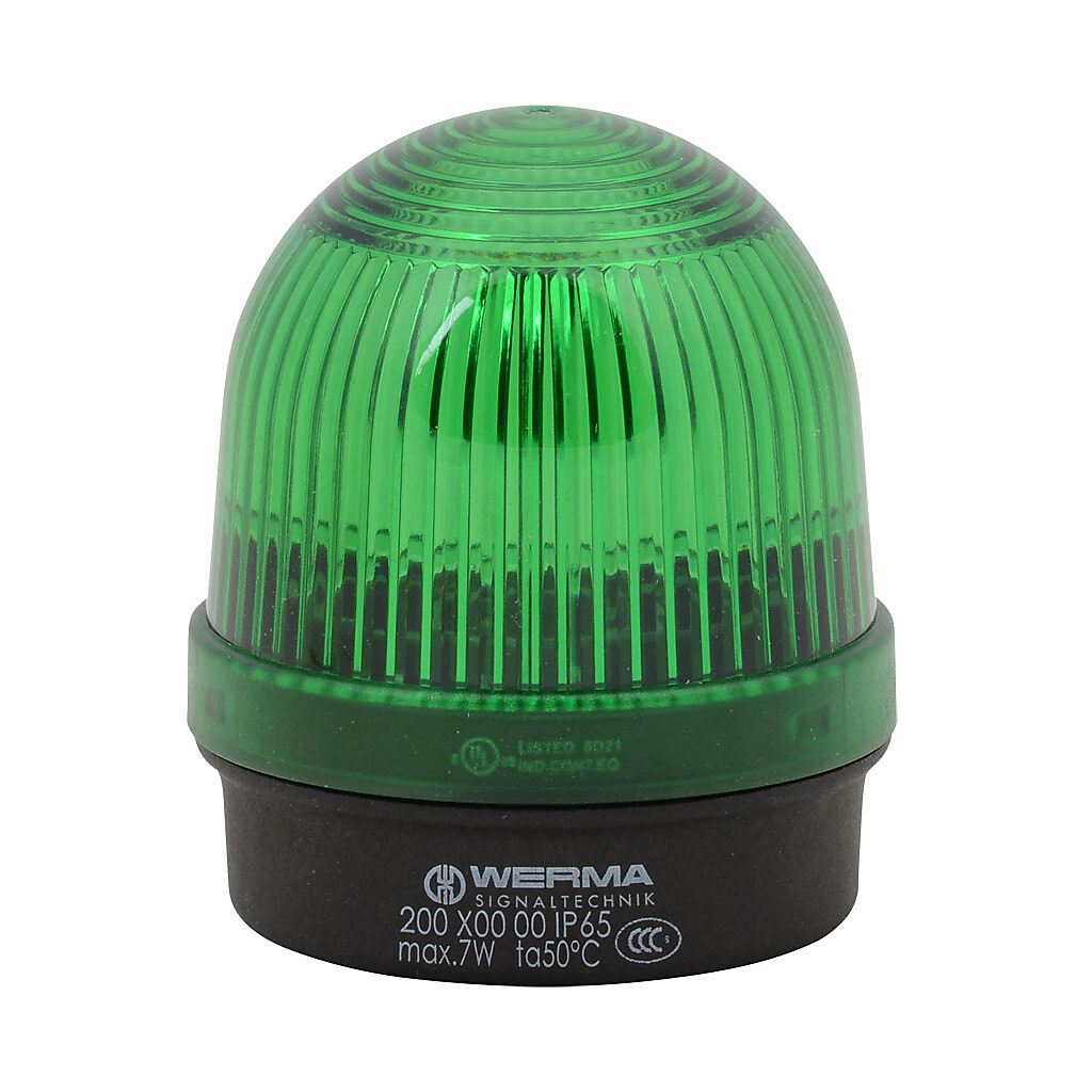 20020000 - WERMA incandescent industrial signal beacon, 57mm, green, permanent, IP65, base mount, 12-240 VAC/VDC. Requires incandescent bulb.