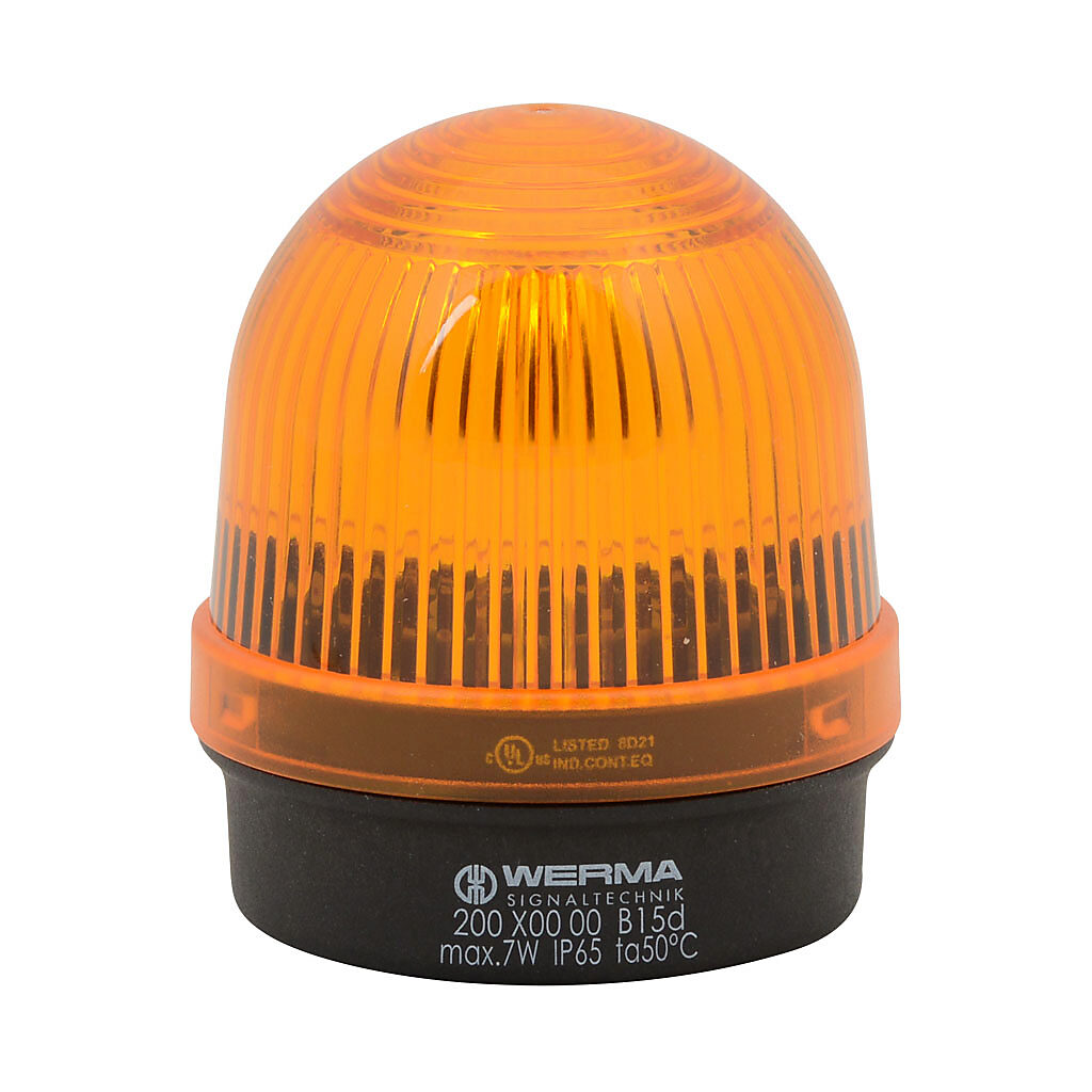 20030000 - WERMA incandescent industrial signal beacon, 57mm, yellow, permanent, IP65, base mount, 12-240 VAC/VDC. Requires incandescent bulb.