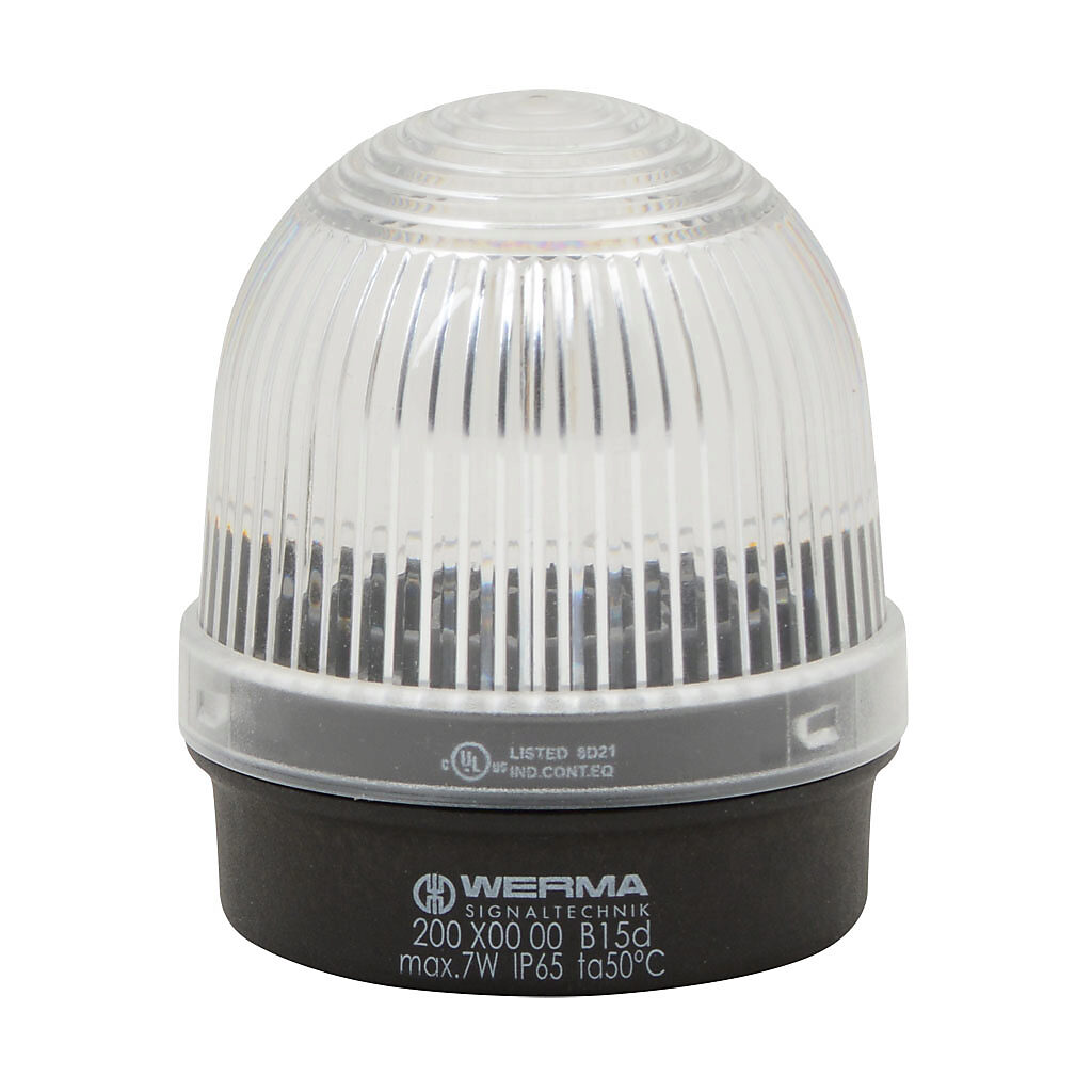 20040000 - WERMA incandescent industrial signal beacon, 57mm, clear/white, permanent, IP65, base mount, 12-240 VAC/VDC. Requires incandescent bulb.
