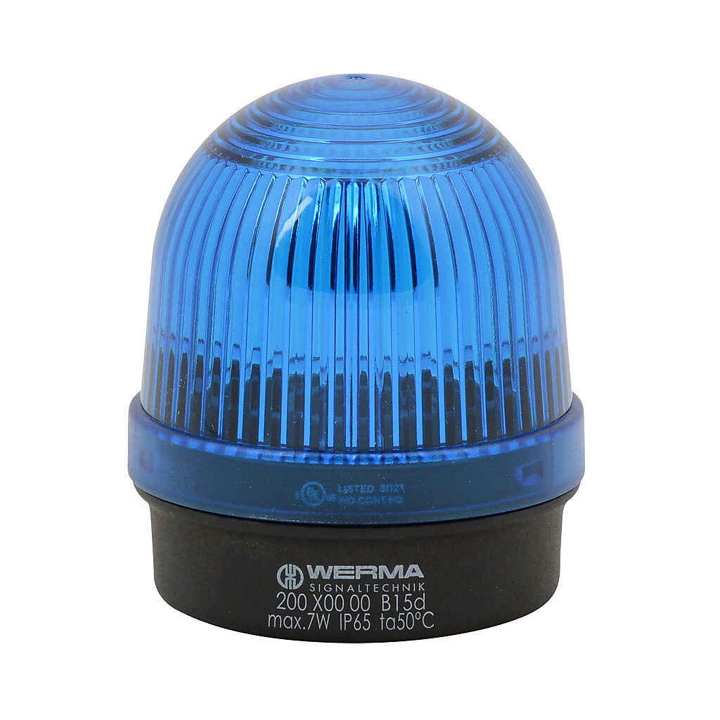 20050000 - WERMA incandescent industrial signal beacon, 57mm, blue, permanent, IP65, base mount, 12-240 VAC/VDC. Requires incandescent bulb.