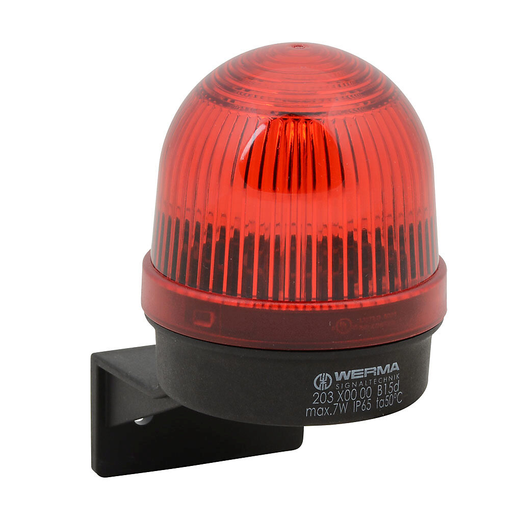 20310000 - WERMA incandescent industrial signal beacon, 57mm, red, permanent, IP65, bracket mount, 12-240 VAC/VDC. Requires incandescent bulb.