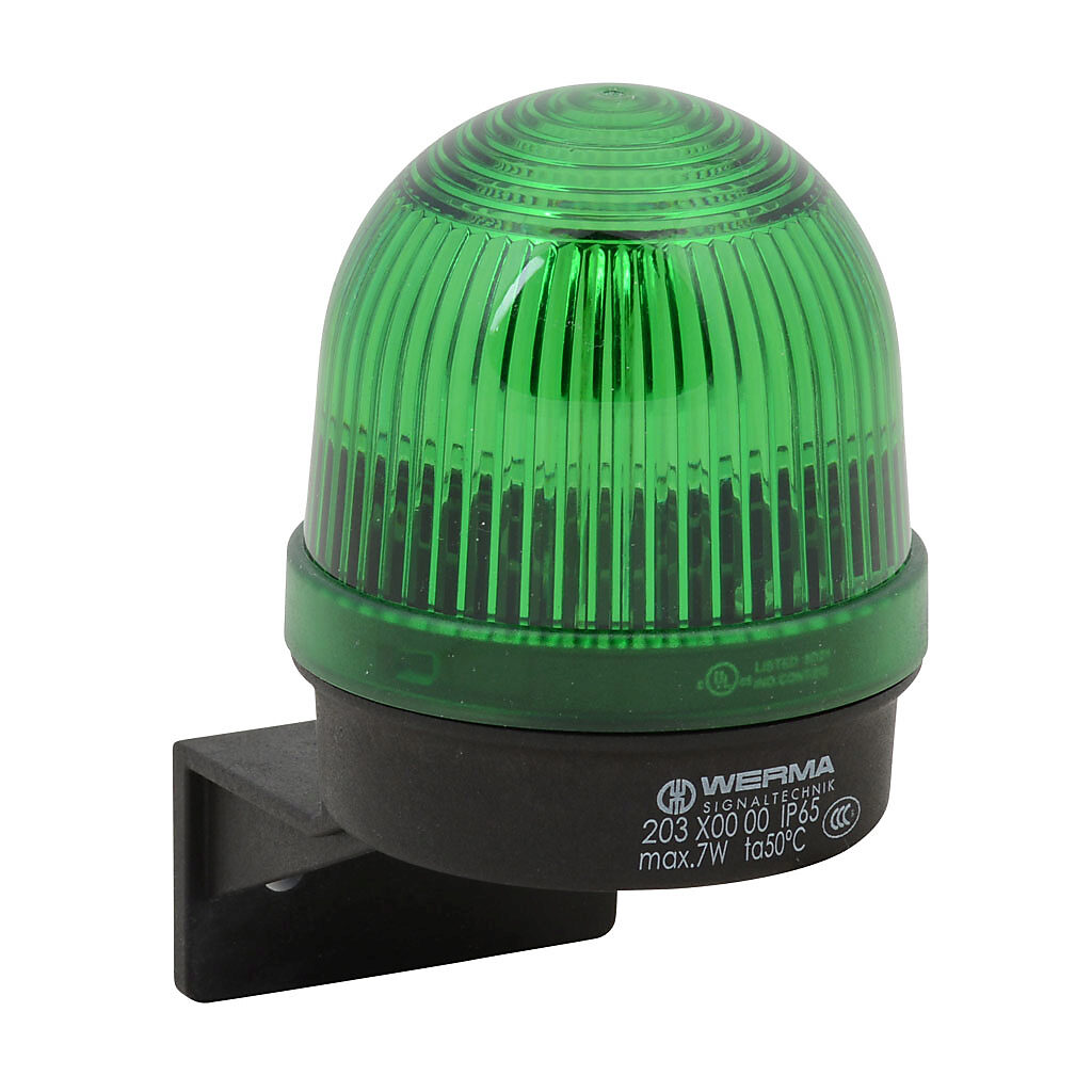 20320000 - WERMA incandescent industrial signal beacon, 57mm, green, permanent, IP65, bracket mount, 12-240 VAC/VDC. Requires incandescent bulb.